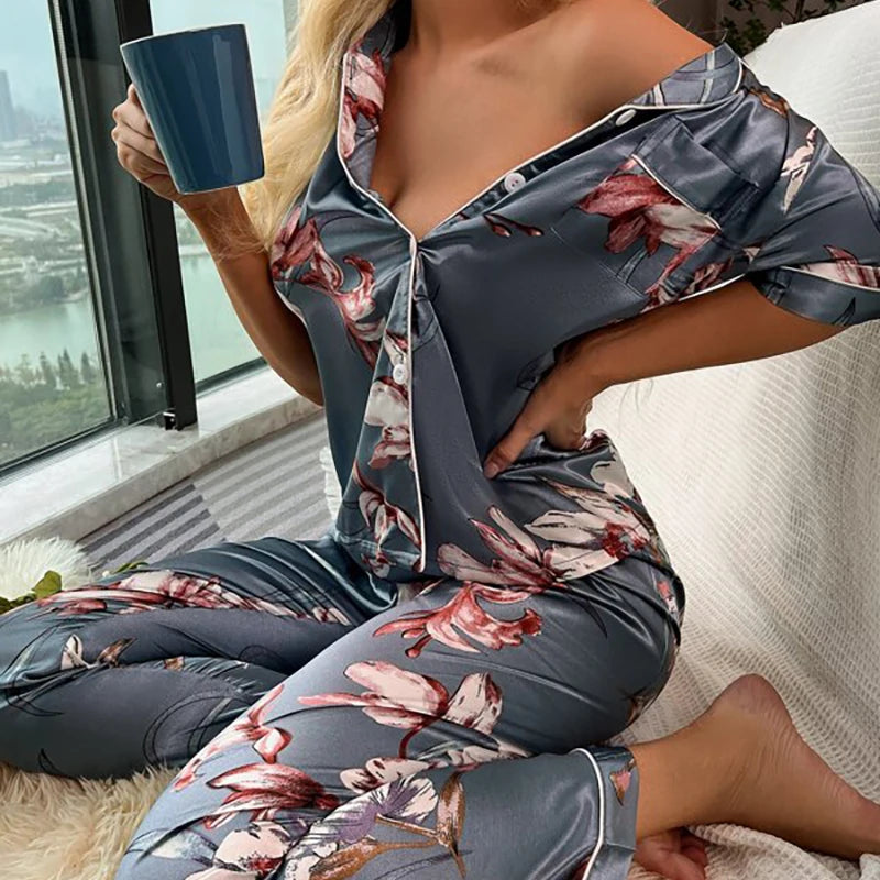 Women Silk Satin Pajamas set Long sleeve Shirt with Trouser Sleepwear Loungewear Female Pajamas Suits