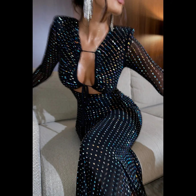 Sequins Tie Front Maxi Dress for Women Elegant Party Club Outfits for Women Long Sleeve Bandage Dresses