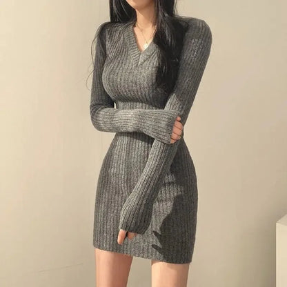 Women Knit Slim Sexy Bodycon Dress V-Neck Long Sleeve Dress Solid Casual Midi Sweater Dress For Women 2024 Autumn Winter