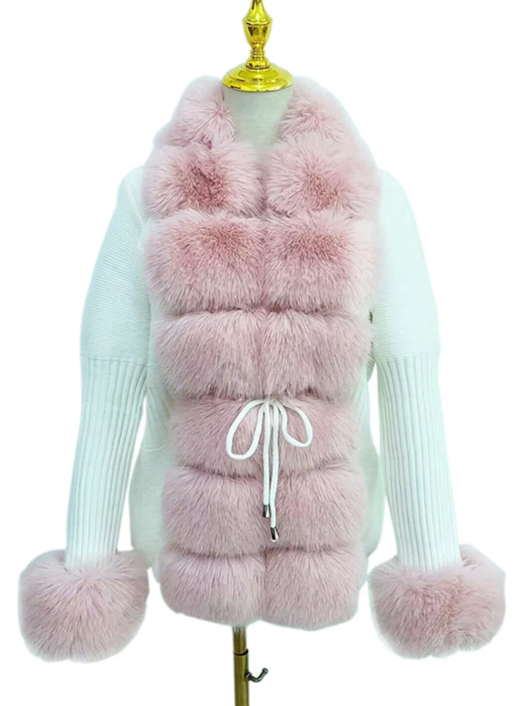 Luxury Fur Cardigan Knit Winter Sweater Women Elegant Detachable Fur Belt White Pink Black Womens Cardigan Korea Style