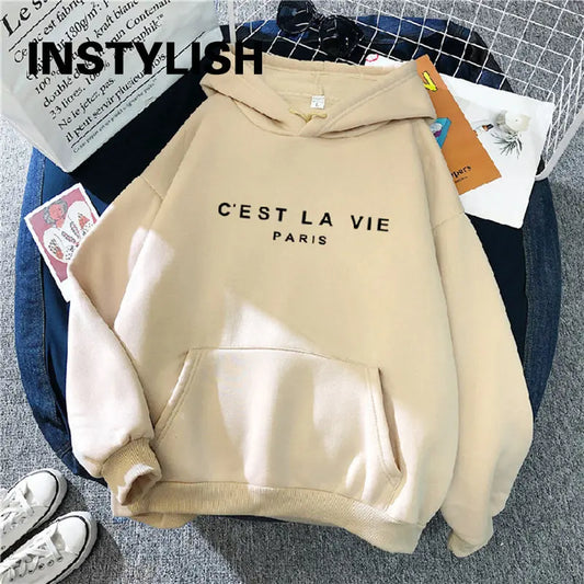 Women Casual Print Loose Hoodies Spring Long Sleeve Hooded Sweatshirt Harajuku Simple Tops Lazy Style Pullover 2025 Streetwear