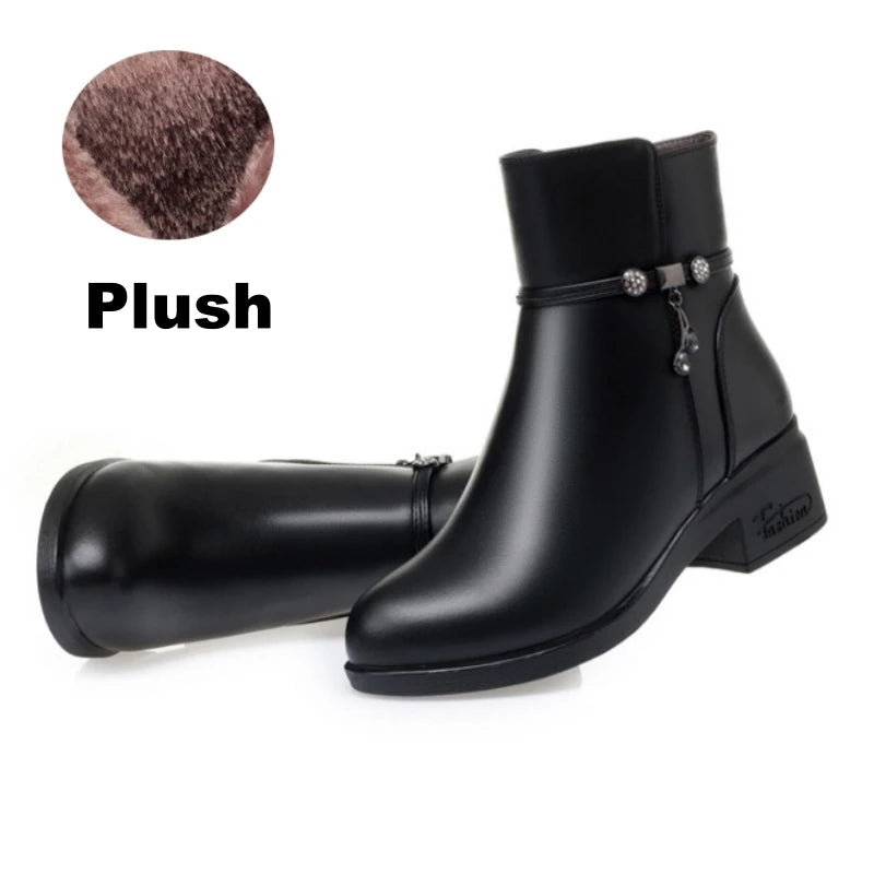 Women's Mother Female Genuien Leather Shoes Ankle Boots Winter Fur Plush Wool Warm Zipper