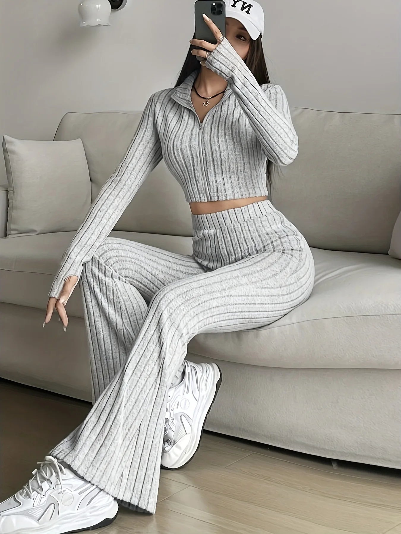 Short Style Zip Rib Knit Tops Long Pants Suit Women Casual Long Sleeve T-shirt & Slim Trousers 2 Piece Sets Autumn Women Sets