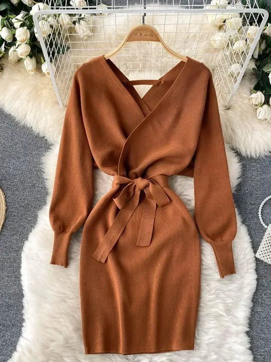 New Autumn Winter Women Knitted Sweater Dress Korean Long Batwing Sleeve V Neck Elegant Dress Ladies Bandage Dress GD792