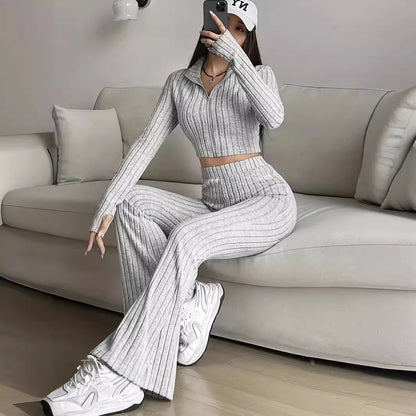 Short Style Zip Rib Knit Tops Long Pants Suit Women Casual Long Sleeve T-shirt & Slim Trousers 2 Piece Sets Autumn Women Sets