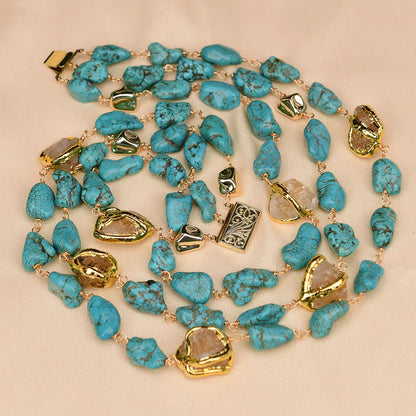 G-G 3 Rows Natural Stone Freedom Blue Turquoise Yellow Citrine Gold Plated Nugget Necklace