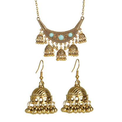 Fashion Indian Women Luxury Jewelry Set Charm Afghan Metal Small Bell Jhumka Earrings&Necklace Set Femmes Wedding Gift