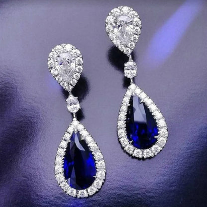 Ladies Blue White Water Drop Shaped Crystal Rhinestone Zircon Metal Dangle Earring for Women Party Jewelry