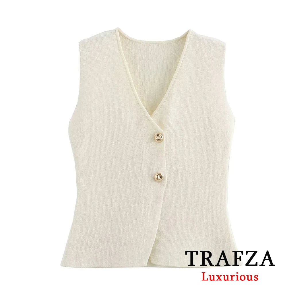 TRAFZA Office Lady Beige Knitted Women Suit V Neck Gold Button Vest+High Waist Ruffles Long Skirts Fashion 2024 Elegant Sets