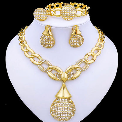 Dubai Gold Color Jewelry Sets Italy 18K Gold Plated Necklace Earrings Ring Bracelet Classic Design 4Pcs Set Party Jewelry