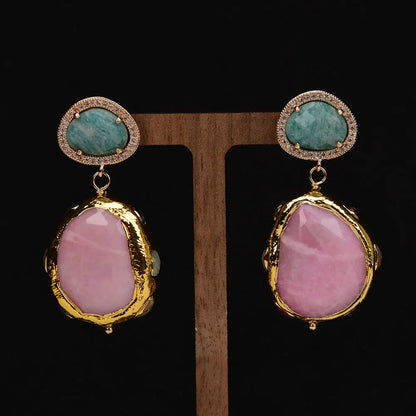 G-G Natural Red Rhodochrosite Gems Paved Mix Quartzs Gold Edge Plated Amazonite Stud Earrings For Women