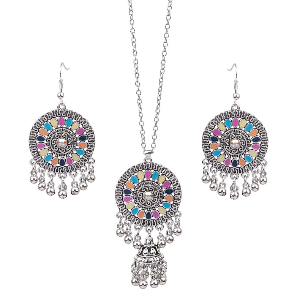 Boho Women Colorful Flower Round Earring Set Indian Jhumka Necklace for Ladies Retro Antique Silver Plated Beads Tassel Jewelry