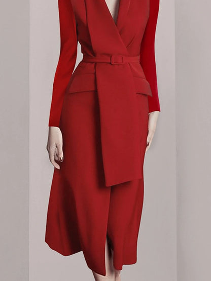 Red Women's Dress Temperament Office Lady Lapel Long Sleeve Belt Waist Cinched OL Dresses For Female 2025 Spring New 3C3169