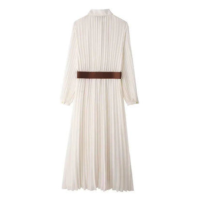 Autumn Women's Clothing New 2025 Spring Fall Temperament Elegant With Belt Midi Pleated Shirt Dress 8372/089