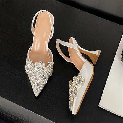 Spring Crystal Diamond Slingback Women Pumps Fashion Pointed Toe High Heels Shoes Elegant Wedding Party Zapatos De Mujer