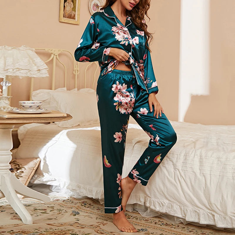 Women Silk Satin Pajamas set Long sleeve Shirt with Trouser Sleepwear Loungewear Female Pajamas Suits