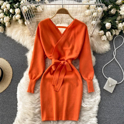 New Autumn Winter Women Knitted Sweater Dress Korean Long Batwing Sleeve V Neck Elegant Dress Ladies Bandage Dress GD792