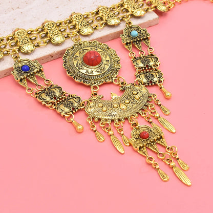 Retro Gypsy Tribal Ethnic Costumes Necklace Earrings Set Boho Afghan Leaf Flower Moon Coins Chokers Statement Jewelry for Women