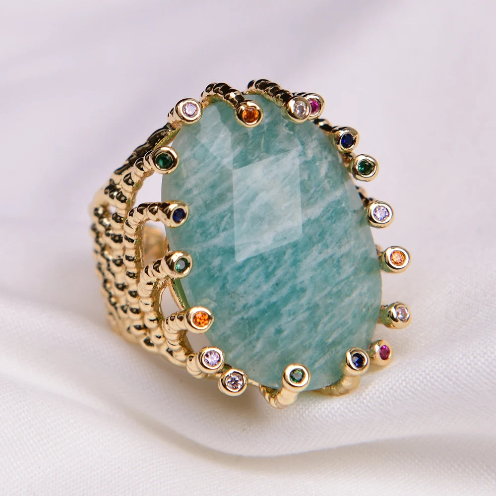 G-G Big Stone Natural Green Amazonite Gold Plated Finger Rings