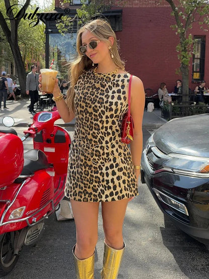 Dulzura Leopard Sleeveless Slim Mini Dress Women'S Sexy Bodycon Outfit Party Clubwear Autumn Winter