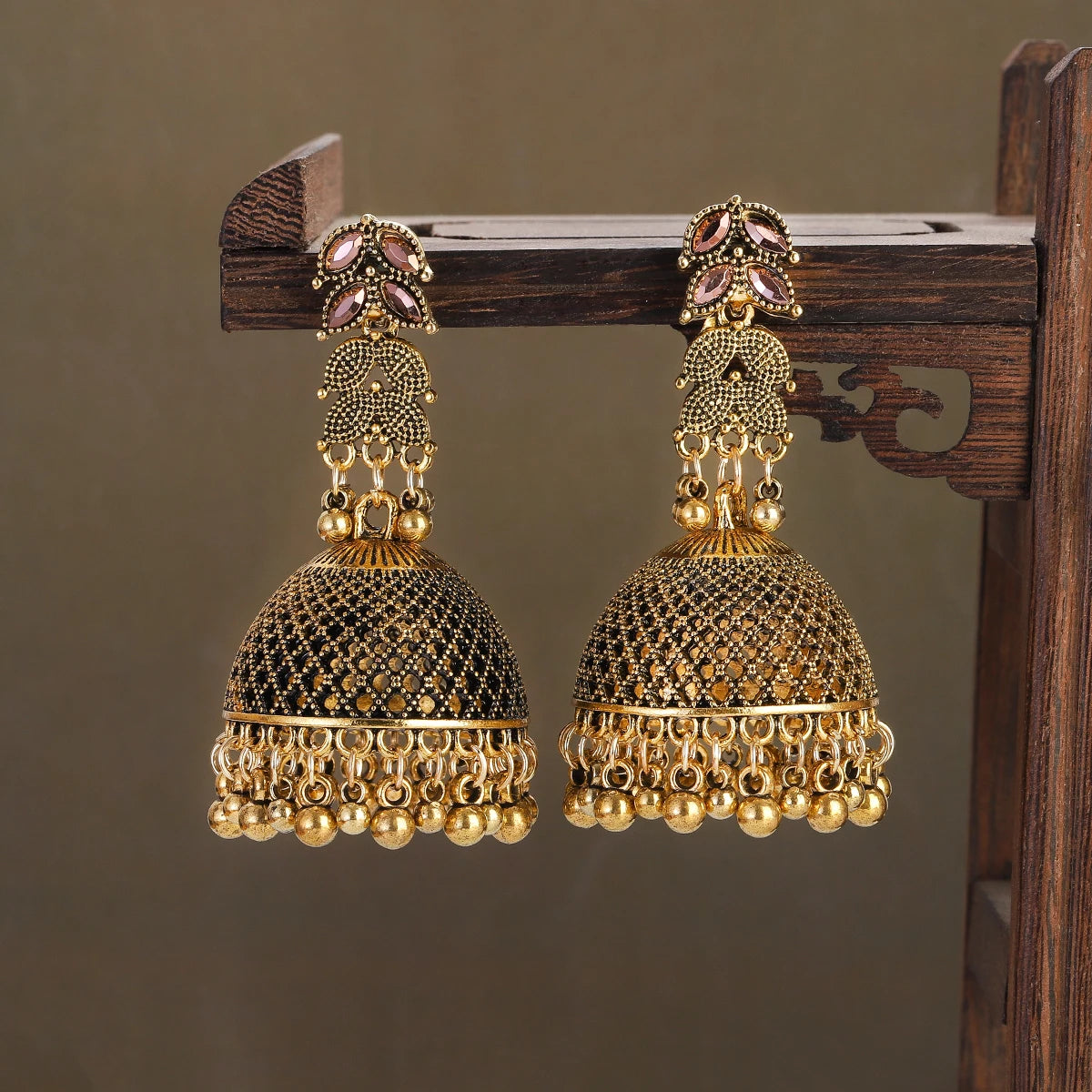 Boho Afghan Big Bell Tassel Drop Earrings Women Pendient Gold Color Gypsy Pink Zircon Hollow Bells Ladies Indian Earring Jewelry