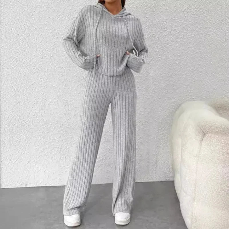 New Casual Knitted Striped Long Hooded Sweatshirt Loose Long Sleeves and Trousers Fashion Suit