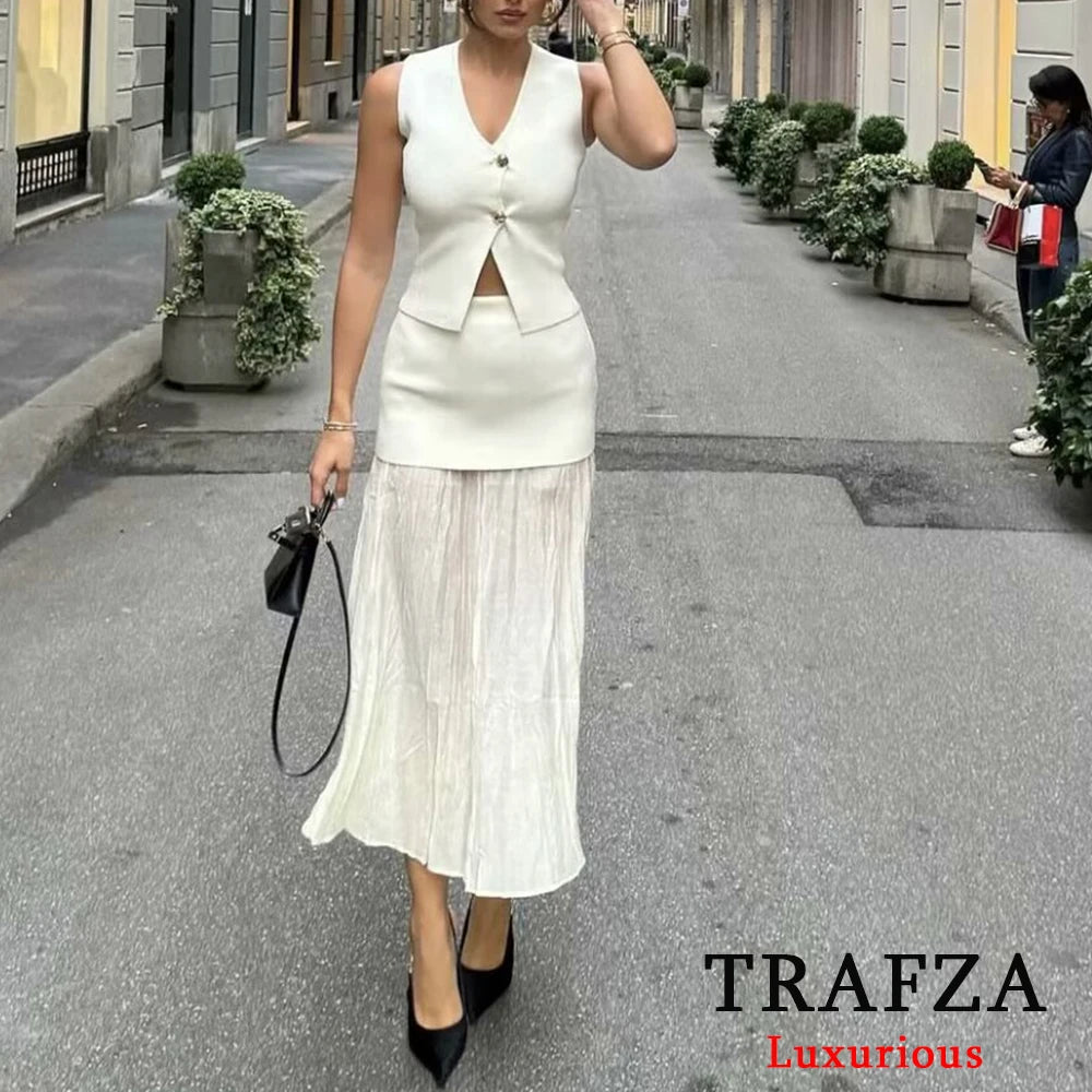 TRAFZA Office Lady Beige Knitted Women Suit V Neck Gold Button Vest+High Waist Ruffles Long Skirts Fashion 2024 Elegant Sets