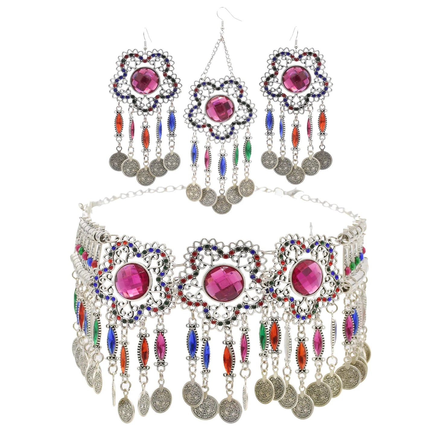 3pcs Indian Afghan Jewelry Sets Necklace Earrings Hairbands for Women Boho Ethnic Coins Tassels Colorful Crystal Drop Accessory