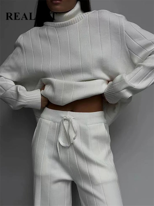 Autumn Winter 2 Pieces White Women's Sets Knitted Tracksuit Turtleneck Sweater and Straight Jogging Pant Suits 2023 New