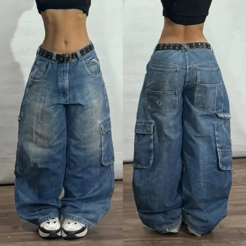 American New Fashion Multi-pocket Washed Baggy Jeans Women Vintage Hip Hop High Waist Casual Wide Leg Pants