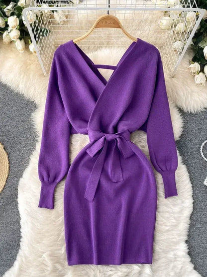 New Autumn Winter Women Knitted Sweater Dress Korean Long Batwing Sleeve V Neck Elegant Dress Ladies Bandage Dress GD792