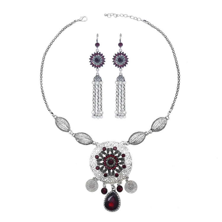 Color Crystal Coin Tassel Choker Necklace Earrings For Women Turkish Afghan Dress Indian Clothes Traditional Ethnic Jewelry Set