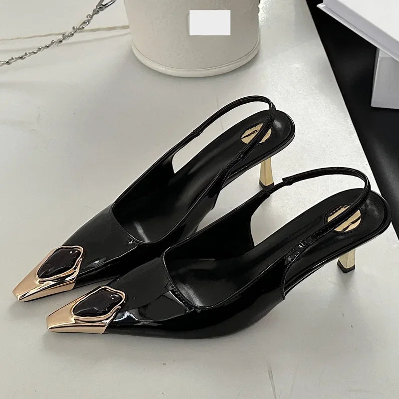 Street Style Inlay Crystal Metal Pointed Toe Women Pumps Sexy Banquet Party Thin High Heels Female Shoes Sandals