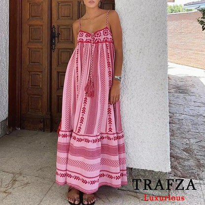 TRAFZA Vintage Embroidery Boho Long Dress Women Bow Tie Ruffles Luxurious Cotton Dress Fashion 2024 Summer Knit Patchwork Dress