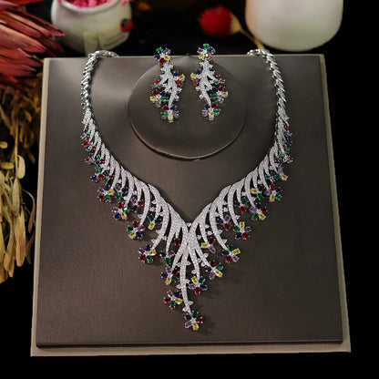 Fashion Cubic Zirconia Flowers Vine Necklace Earrings Two-piece Wedding Party Jewelry Sets For Women