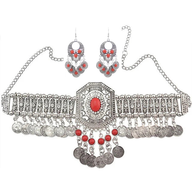 Indian Jhumka Vintage Coins Choker Necklace Drop Earrings Set Women Turkish Tibet Tassel Bib Statement Pakistani Afghan Jewelry