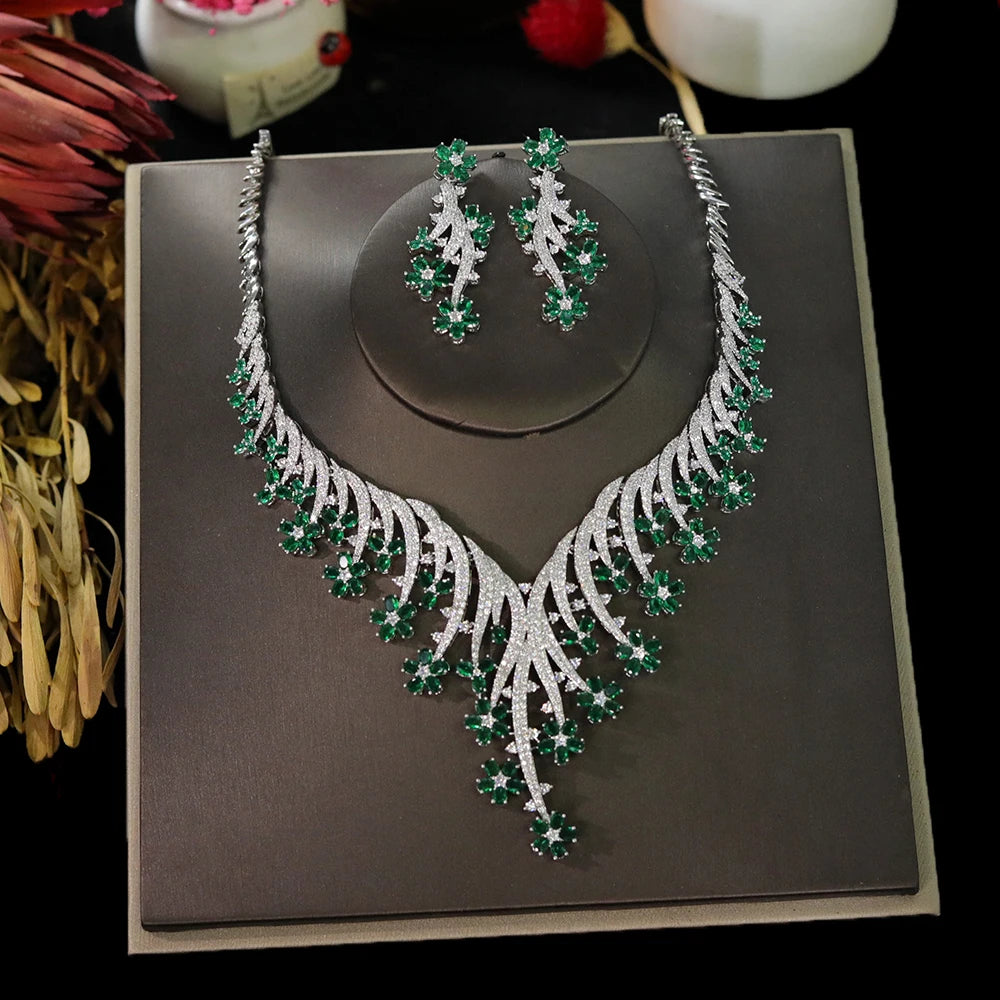 Fashion Cubic Zirconia Flowers Vine Necklace Earrings Two-piece Wedding Party Jewelry Sets For Women