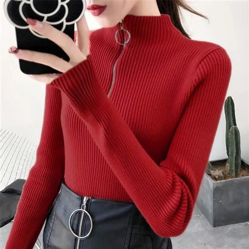 Knitted Women Zipper Half High Neck Sweater Pullovers Autumn Winter Basic Women Sweaters Slim Solid Knitwear Pull Femme Tops