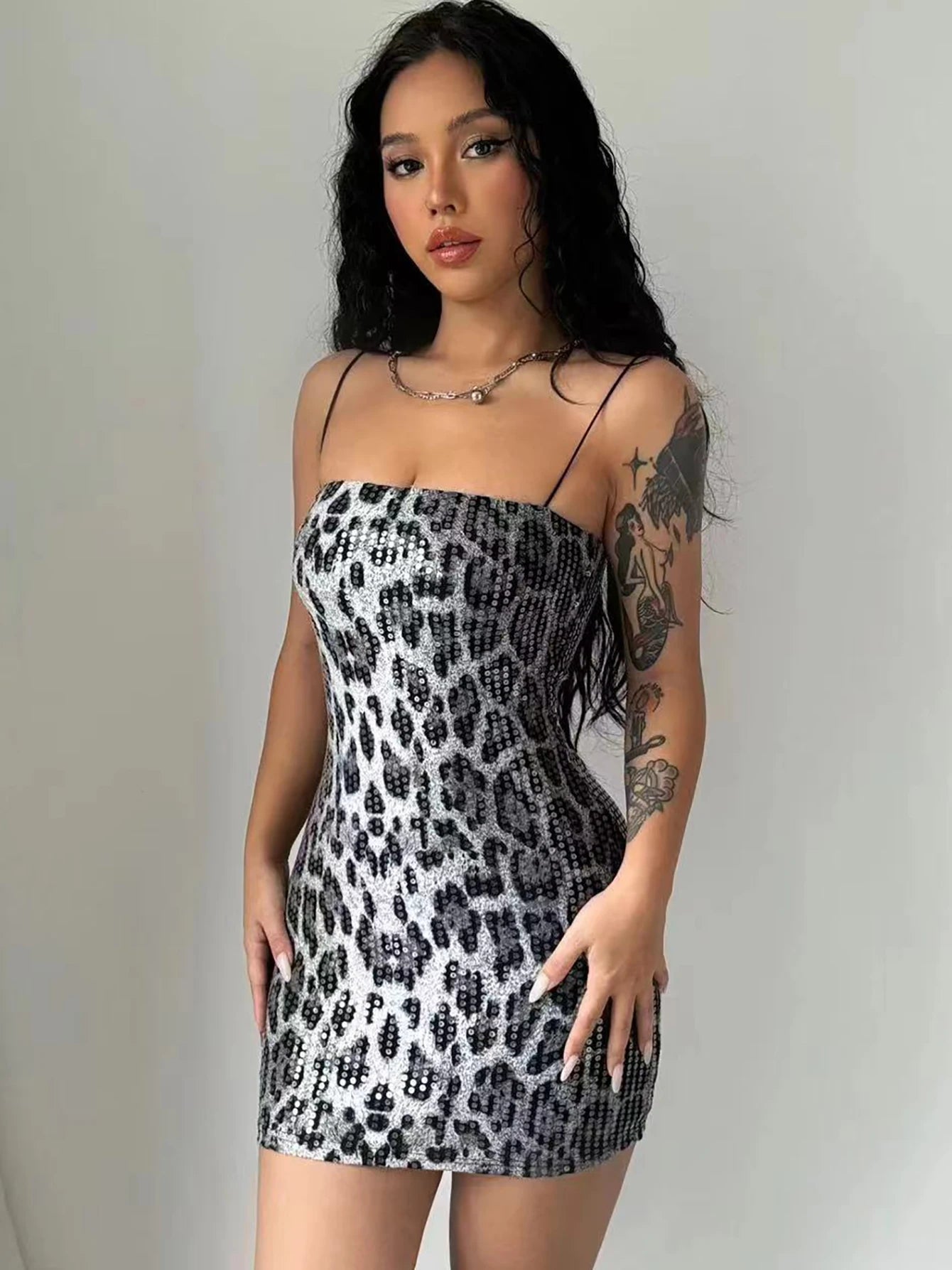 Leopard Print Spaghetti Straps Mini Dress Sparkly Sequins Luxury Ladies Dresses Summer Party Club Date Y2K Women Clothes