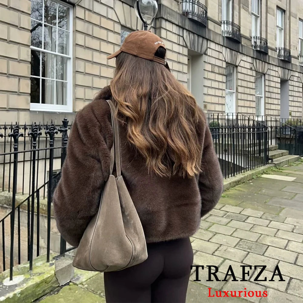 TRAFZA Vintage Causal Faux Fur Jackets Women Long Sleeve Loose Buttons Coats Fashion 2025 Spring Brown Fur Coats Elegant Outwear