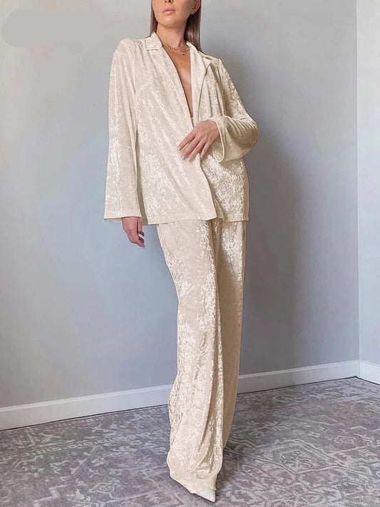 Beige Velvet 2 Piece Home Wear Winter Long Sleeve Tops High Waist Pants Pajamas Two Piece Set Women 2025 Nighties Sleepwear