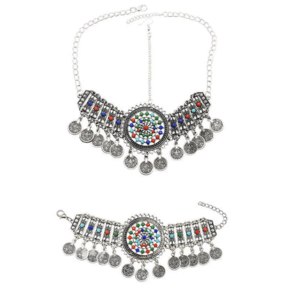 Traditional Gypsy Afghan Boho Ethnic Coins Jewelry Sets Colorful Acrylic Rhinestone Earrings Bracelet Hair Accessories for Women