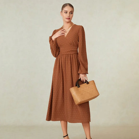 Women Long Sleeve Dress Spring Autumn Clothes Office Ladies Chic Elegant Casual Swiss Dot A-Line Party Dress Streetwear