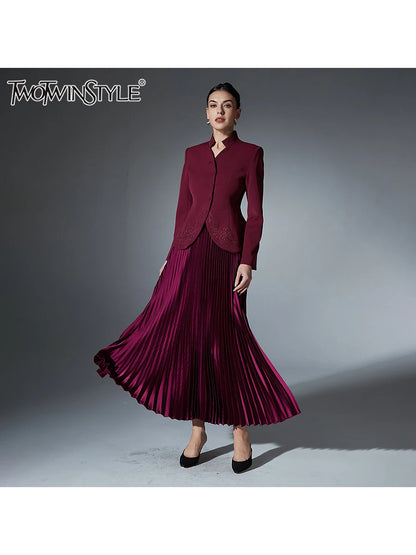 TWOTWINSTYLE Solid Two Piece Set For Women Stand Collar Long Sleeve Patchwork Button Tops High Waist Skirt Set Female Fashion