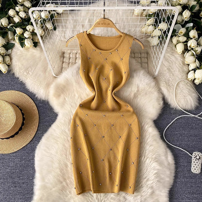 YuooMuoo Hotsweet Beading Knitted Mini Dress Women Sleeveless Slim Bodycon Summer Dress Streetwear Lady Outfits Tank Dress