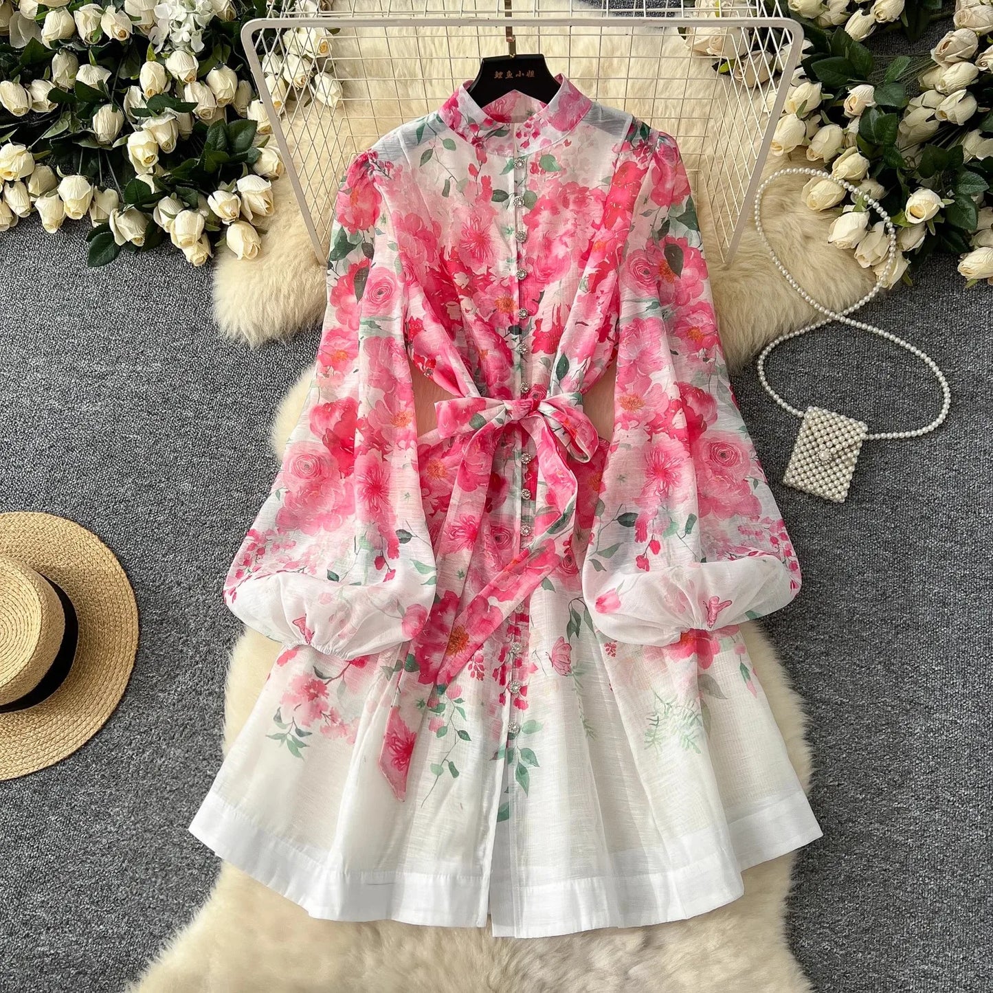 2025 Spring Holiday Gorgeous Flower Organza Dress Women Lantern Long Sleeve Beaded Button Floral Print Belt Lace Up Boho Vestido