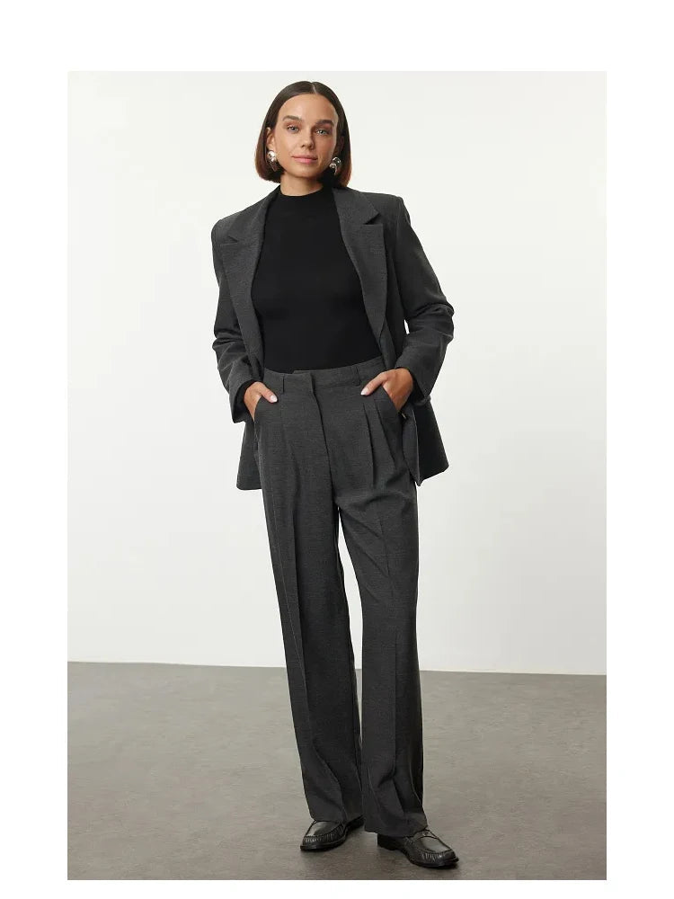 High Waist Straight Pants Vintage Style for Office Wear New Autumn Loose Suit Trousers