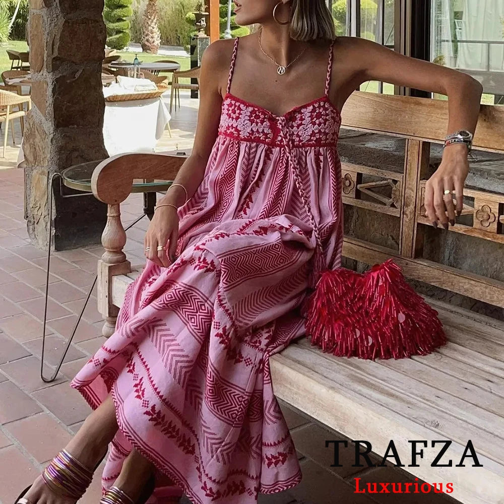 TRAFZA Vintage Embroidery Boho Long Dress Women Bow Tie Ruffles Luxurious Cotton Dress Fashion 2024 Summer Knit Patchwork Dress