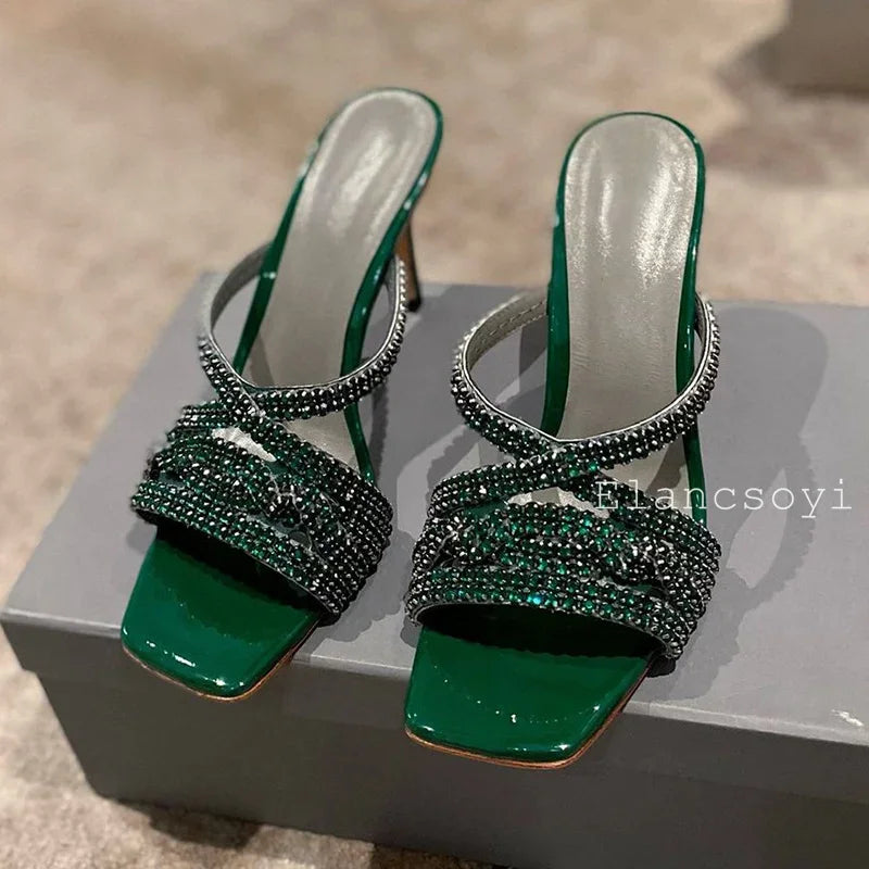 Bling Bling Rhinestone High Heels Slippers Women's Square Toe Thin Heels Lazy Sandals Summer Fashion Party Dress Shoes 2025