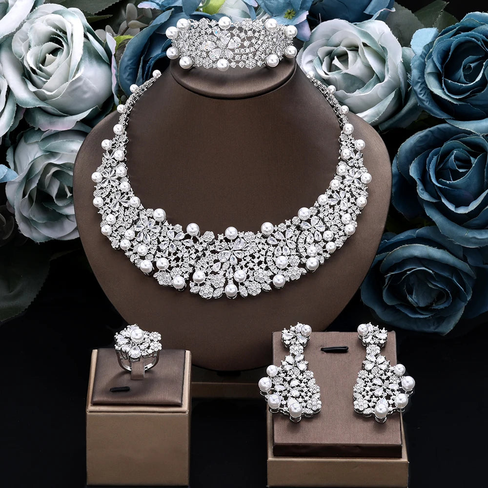 Luxury Pearl 4pcs Cubic Zircon  Jewelry Set for Women